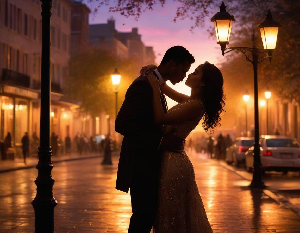 A sultry saxophonist playing under a soft, dimly lit streetlamp, surrounded by swirling musical notes that visibly drift into the night air. A romantic couple dances nearby, silhouetted against a dusky sunset, with a warm glow illuminating their expressions of love. The scene captures the essence of passion and melody, inviting the viewer into a night of intimacy. dreamy atmosphere. soft focus. warm colors. impressionist style.