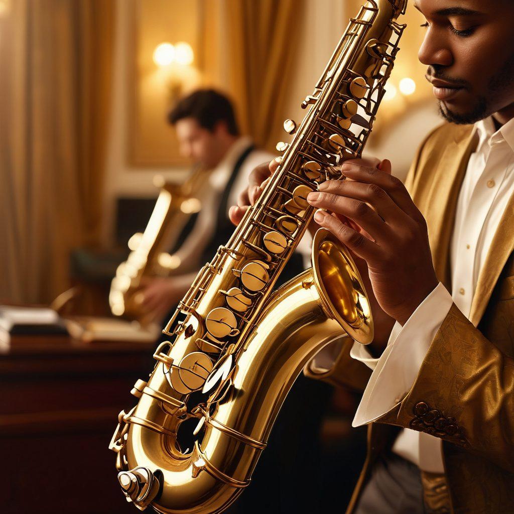 A close-up of a golden saxophone, reflecting soft, warm light, set against a lush, sensual backdrop featuring silk sheets and subtle motion blur to evoke intimacy. In the foreground, a passionate musician is immersed in playing, with musical notes flowing visually from the instrument, creating an energetic rhythm. Include a hint of glamour and allure in the atmosphere, emphasizing the connection between music and passion. super-realistic. warm tones. soft focus.