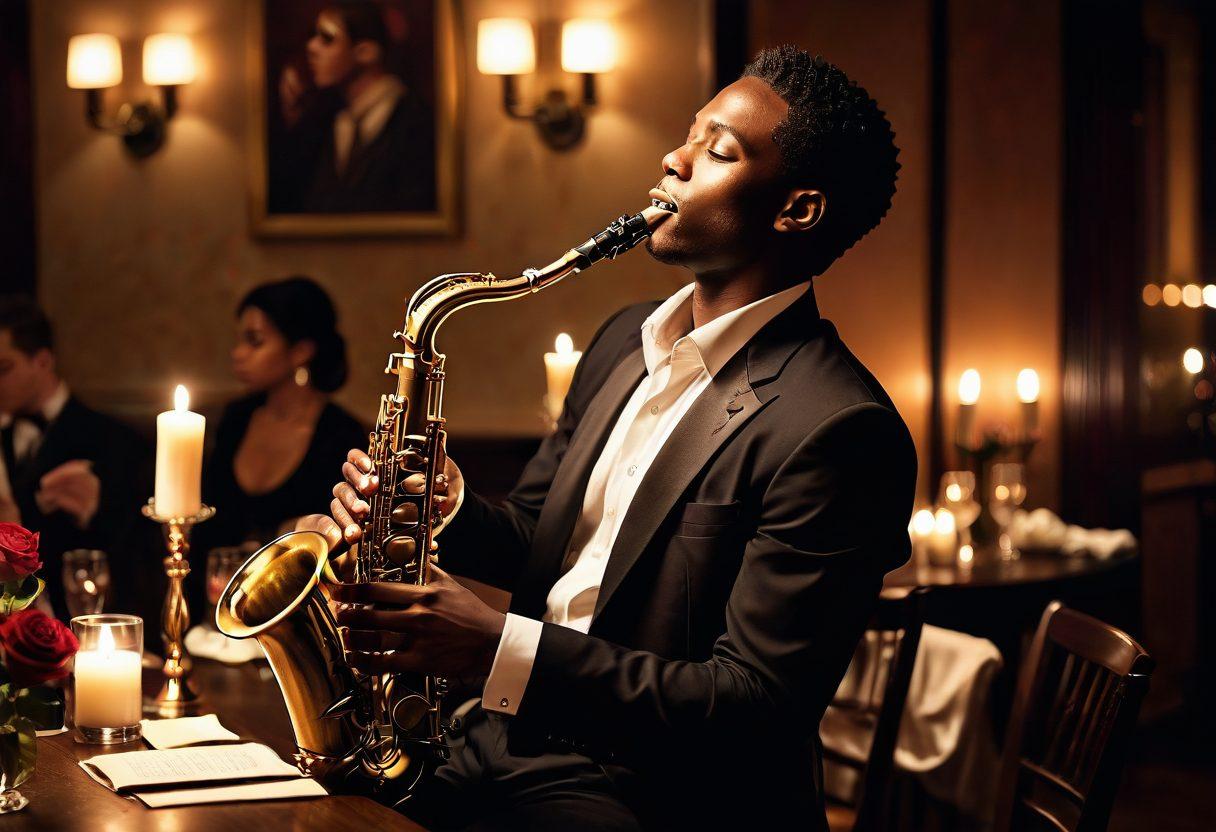 An intimate jazz club scene featuring a sultry saxophonist passionately playing in soft, warm lighting. Surrounding the musician, silhouettes of mesmerized couples swaying due to the enchanting melodies, embodying romance and sensuality. The background includes scattered roses and dimly lit candles to enhance the romantic atmosphere. The overall mood is inviting and intimate. super-realistic. warm tones. soft focus.